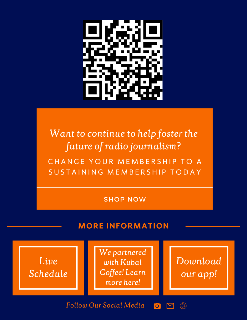 This is page two of a hypothetical e-newsletter that could be sent out by WAER. It has a QR code to donate to WAER and has more information on the station's live schedule, a hypothetical partnership with Cafe Kubal, and a link to download their app.