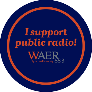 Navy blue circular sticker with orange text that says "I support public radio!" with the WAER logo on the bottom. 